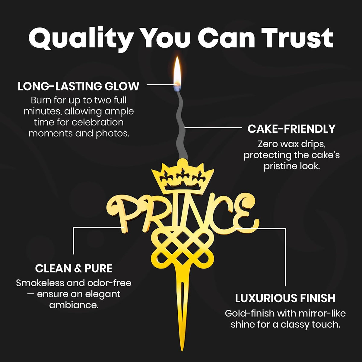 Prince Reusable Gold Romantic Cake Candle - Luxury Cake Topper Candle for Birthdays, Weddings & Anniversaries - Reusable Food Safe Acrylic, Shiny Mirror Finish - Happy Birthday Cake Topper Decor