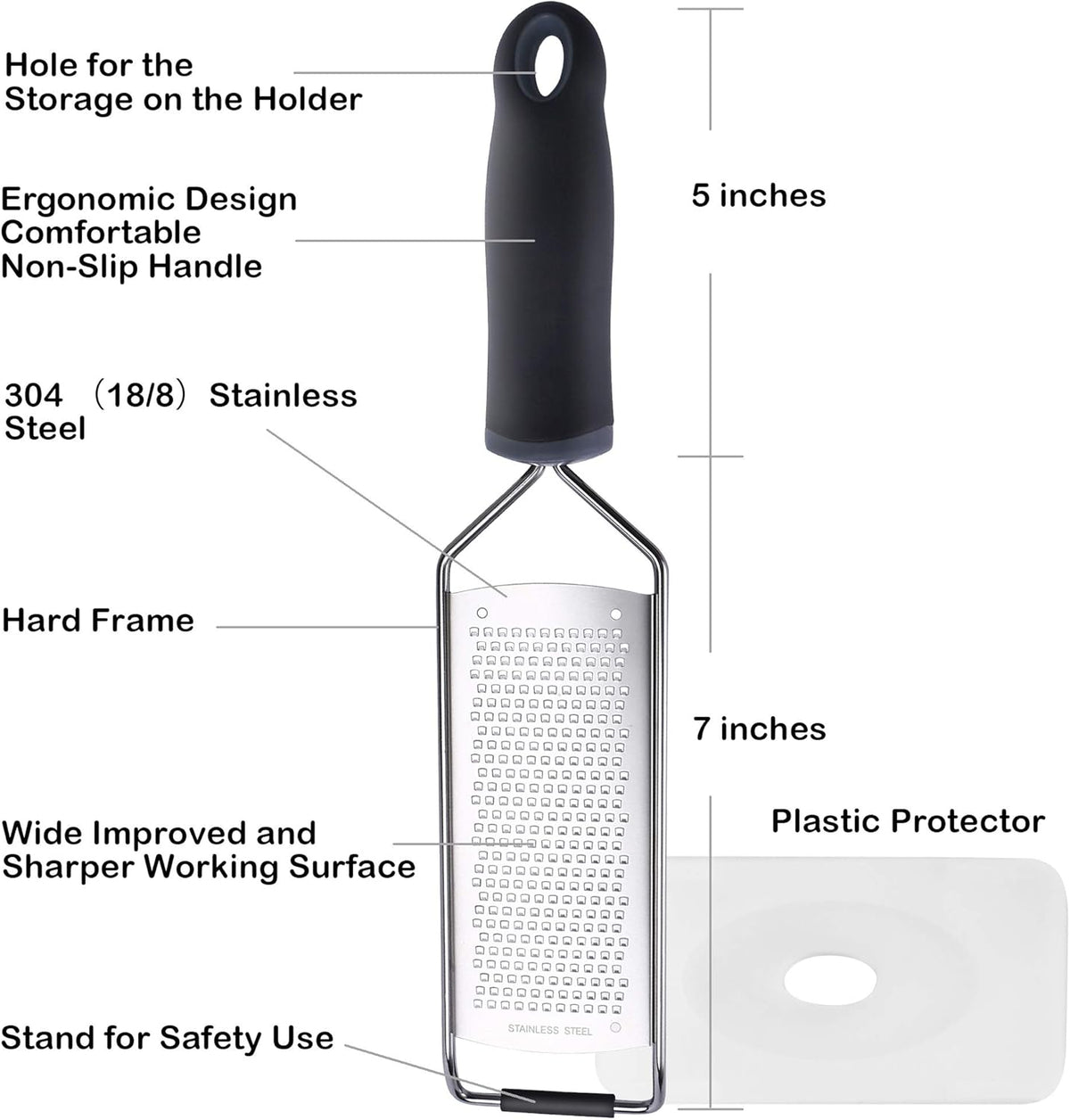 Stainless Steel Cheese Grater, Ergonomic Soft Handle Lemon Ginger Potato Zester with Plastic Cover