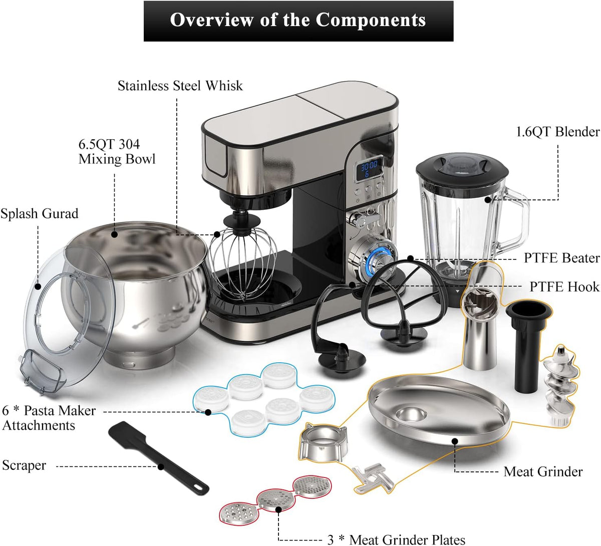 6-IN-1 Stand Mixer, LCD Display Kitchen Electric Mixer, 6.5QT Stainless Steel Bowl, Multi-Function Kitchen Blender With Dough Hook, Whisk, Beater, Meat Grinder, Splash Guard