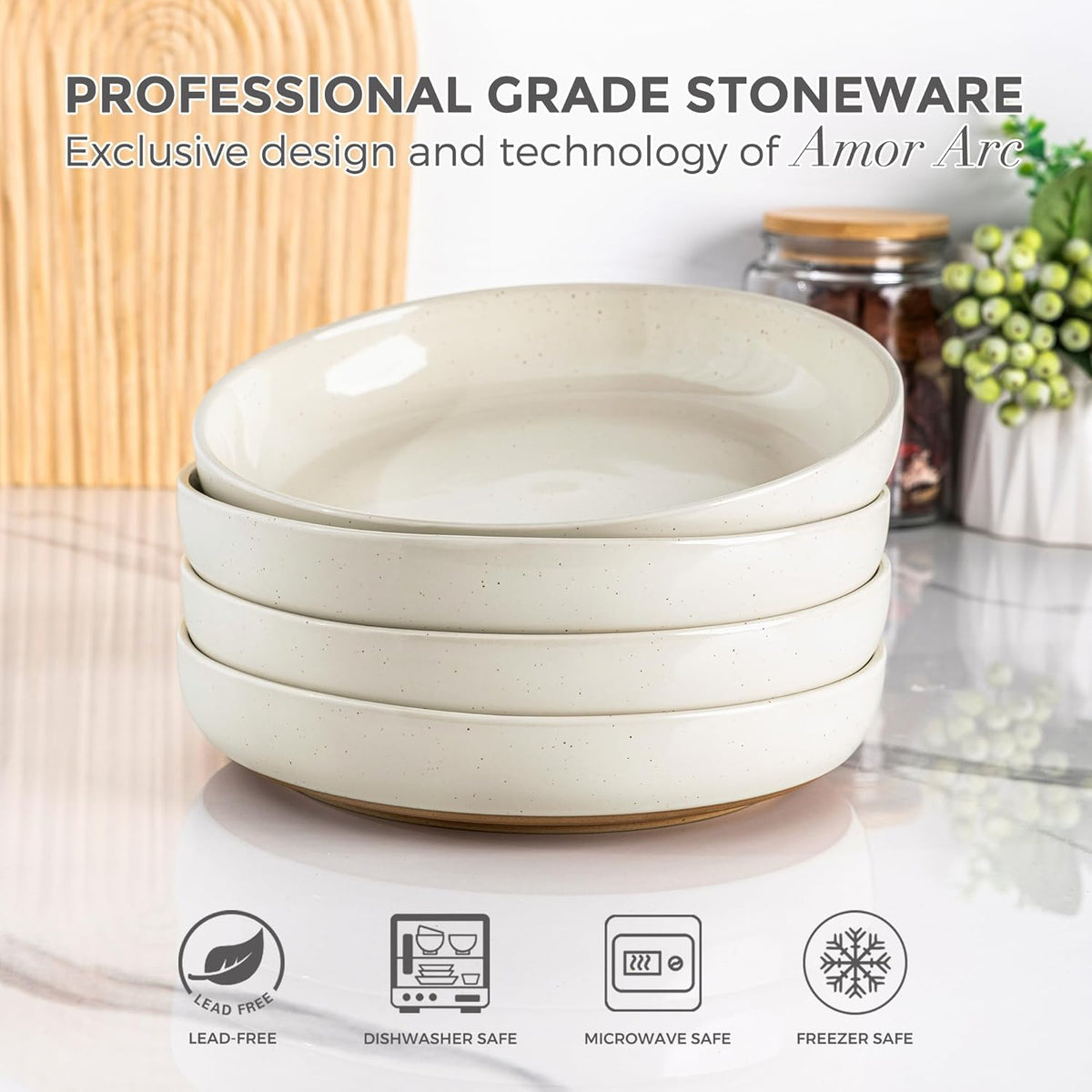 AmorArc 8.75'' Large Ceramic Pasta Bowls, 36oz Handpainted Stoneware Bowls Set of 4, Microwave&Dishwasher Safe Bowls with Wavy Rim&Rustic Terracotta Underside for Pasta Salad, Light Beige