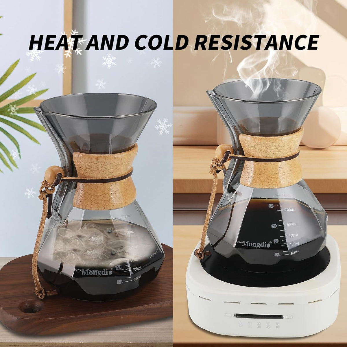 Mongdio 27 Oz Pour Over Coffee Maker with Stainless Steel Filter and Wooden Collar Holder, Borosilicate Glass Coffee Maker for Camping Home, 800ML/27OZ, Gray