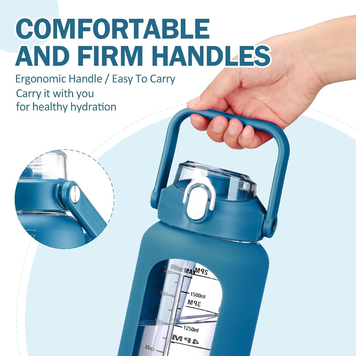 kytffu 64oz Glass Water Bottles with Straw, Half Gallon Motivational Glass Bottle with Silicone Sleeve and Time Marker, 2L Leakproof Large Glass Water Jug for Gym Home Office,Iron Blue