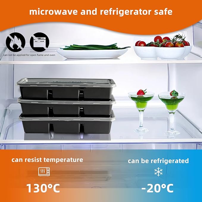 Disposable Food Storage Containers with Lids Meal Prep 3-Compartment To Go Take Out Plastic Black, Sturdy Leakproof Food Safe, Microwave Freezer Dishwasher Safe (50, 3 compartment)
