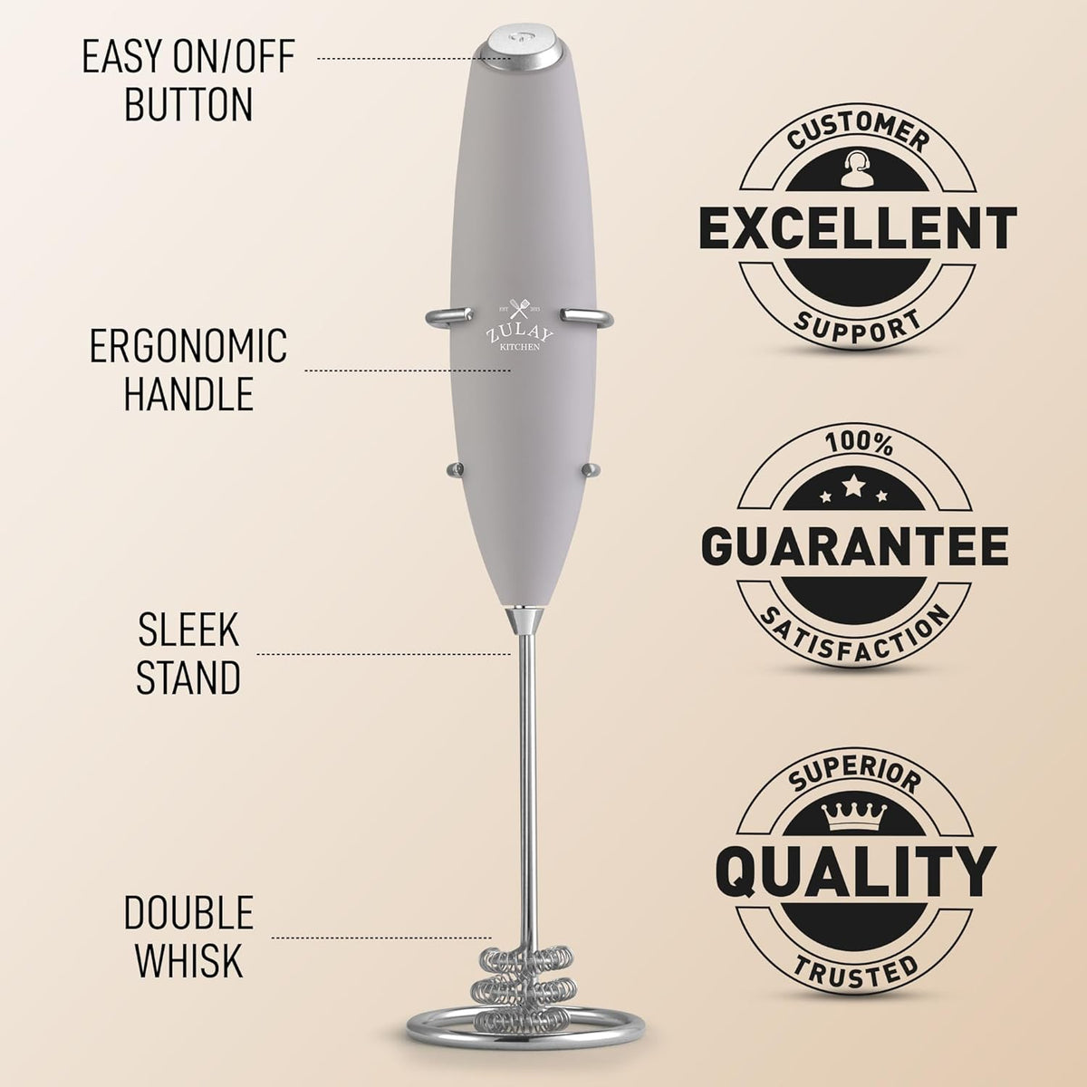 Zulay Kitchen Patented Tornado Triple Whisk Milk Frother with 4 Duracell Batteries – Handheld Foam Maker for Coffee, Lattes, Matcha & Hot Chocolate – Rich, Creamy Froth in Seconds