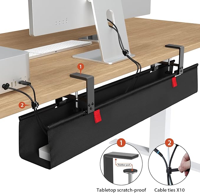 Univivi No Drill Under Desk Cable Management Tray, 36" Cord Organizer for Table, Clamp/Screw Mount Desk Cable Management, Premium Fabric Cable Management Tray for Office, Home