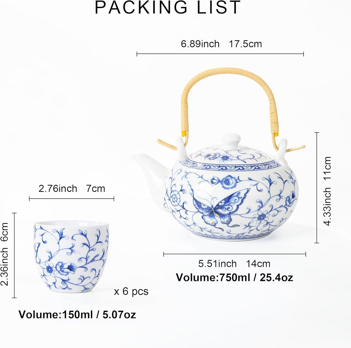 fanquare Chinese Blue and White Porcelain Tea Set with 1 Teapot Set, 6 Tea Cups, Butterfly Pattern Asian Japanese Tea Sets for Adults