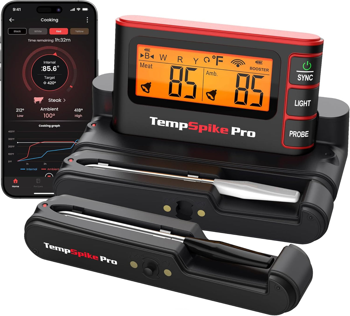 TempSpike Wireless Meat Thermometer Digital with App, WiFi & Bluetooth BBQ Grill Thermometer with High Precision, Waterproof & Heat-Resistant Probes, Rechargeable Base with Display for BBQ Smoker Oven