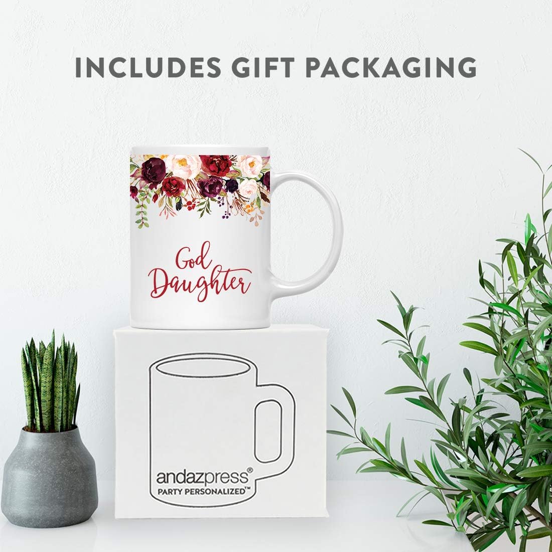 Andaz Press 11oz. Mother's Day Ceramic Coffee Tea Mug Gift, Fall Autumn Marsala Burgundy Flowers Roses Florals, God Daughter, 1-Pack, Includes Gift Box, Birthday Christmas Gift Ideas