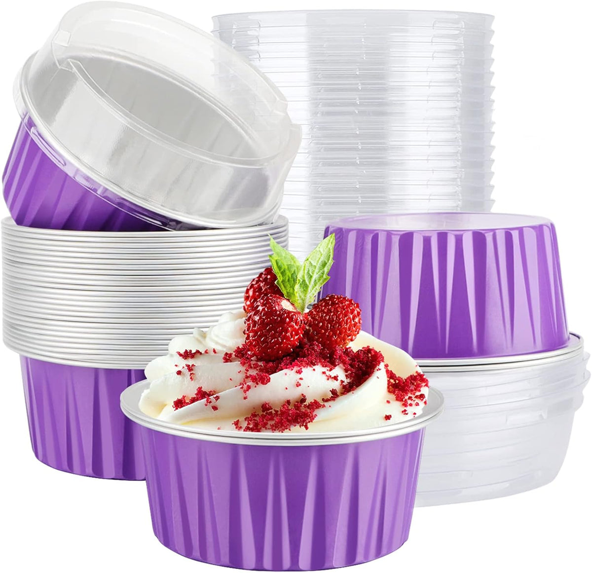 EUSOAR Mini Cake Pan, 30pcs 5oz Disposable Aluminum Foil Cupcake Liners Ramekins Baking Cups, Dessert Cups with Lids Mini Aluminum Cheesecake Pan Creme Brulee Ramekins-Lavender