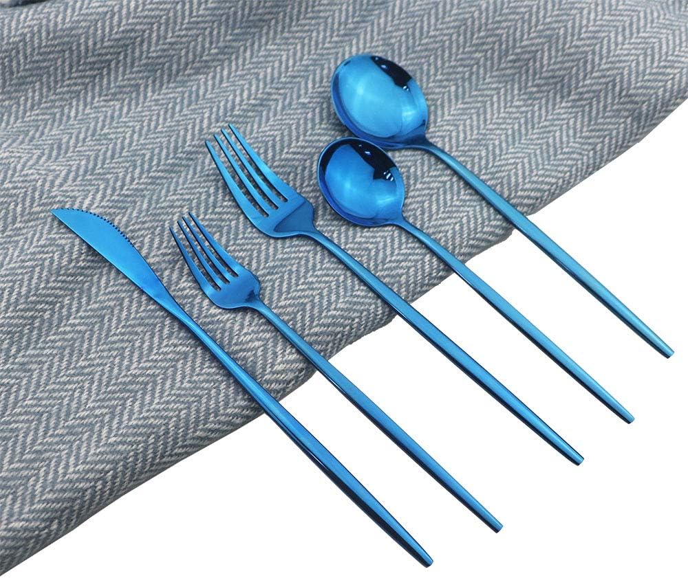 JASHII Shiny Blue Silverware Set, 30-Piece Stainless Steel Satin Finish Flatware, Kitchen Utensils, Mirror Polished Tableware Cutlery for Home and Restaurant, Dishwasher Safe