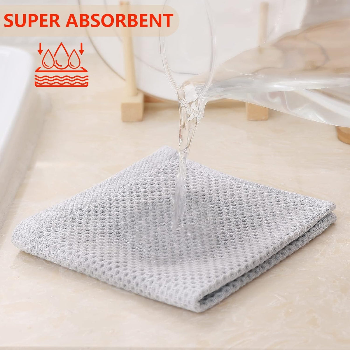 Kitinjoy 100% Cotton Kitchen Dish Cloths, 8 Pack Waffle Weave Ultra Soft Absorbent Dish Towels for Drying Dishes Quick Drying Kitchen Towels Dish Rags, 12 X 12Inch, Light Grey