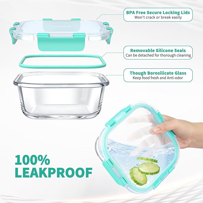 34pcs Glass Food Storage Containers with Lids Set, Airtight Glass Meal Prep Containers (17 Containers & 17 Lids), Leak Proof Lunch Containers BPA-Free, Microwave, Oven, Freezer, Dishwasher Safe-Green