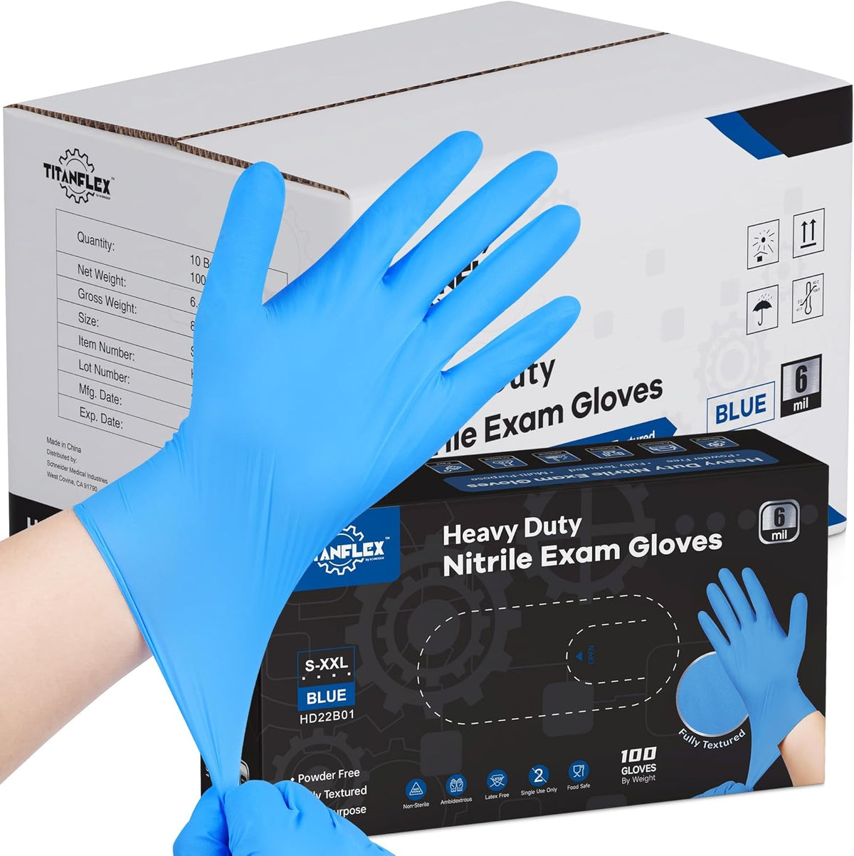 TitanFlex Heavy-Duty Blue Nitrile Gloves, 6-mil, Fully Textured, Mechanic Disposable Gloves, Powder-Free, Latex-Free
