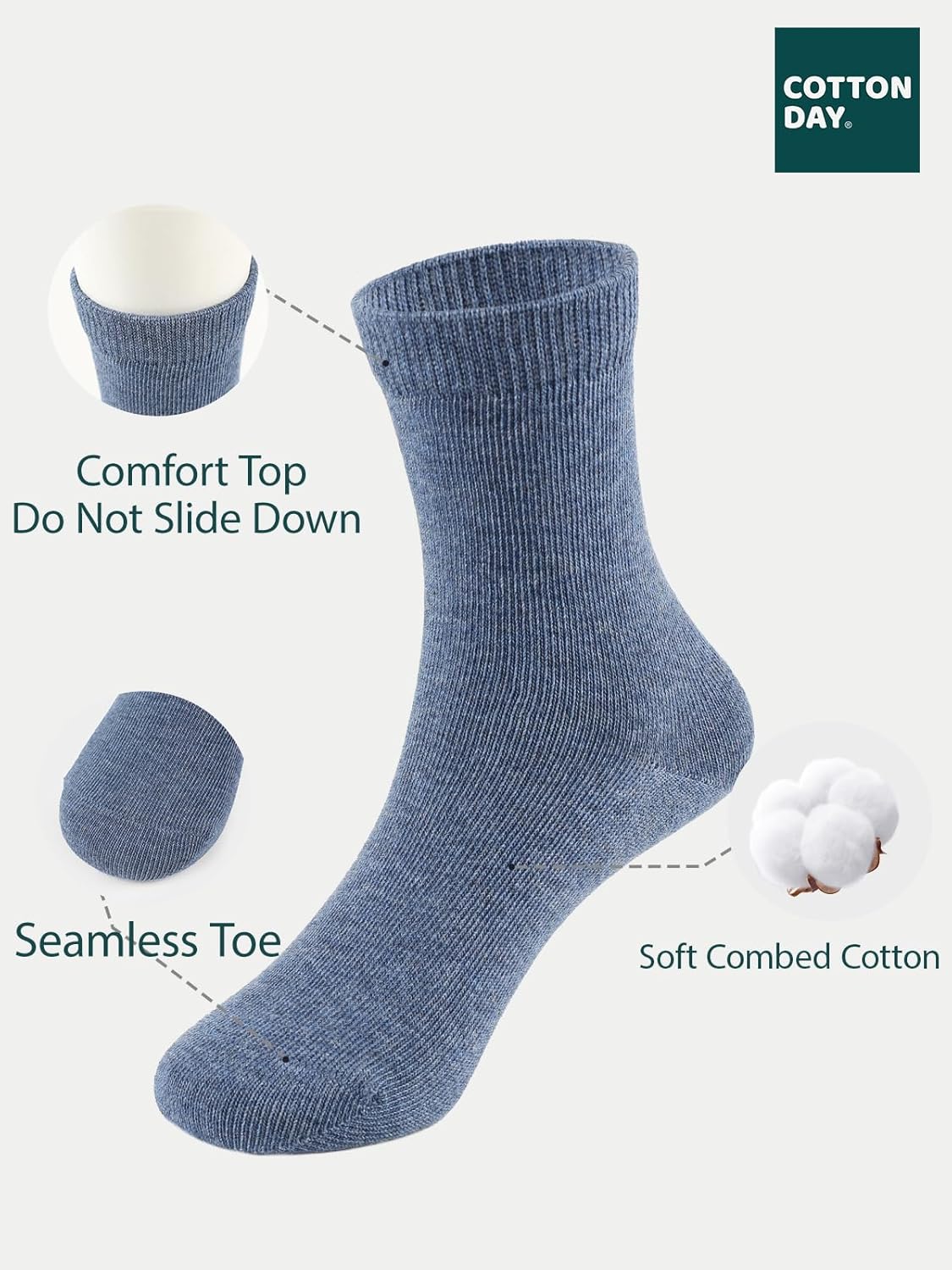 COTTON DAY Unisex Little Kids Youth Boys Girls Soft Cotton Crew Dress Socks Seamless Toe Black White Gray Navy 6 Pack
