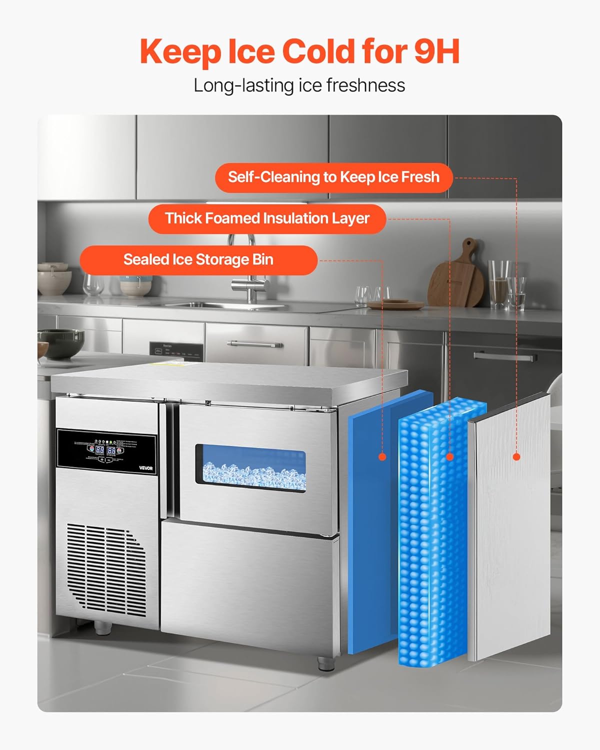 VEVOR Commercial Ice Maker Machine, 132 lbs/24H Stainless Steel Ice Machine with Worktop, 30 lbs Ice Storage Bin & Touch Screen, Self-Cleaning Freestanding Ice Making for Home Bar Restaurant Kitchen