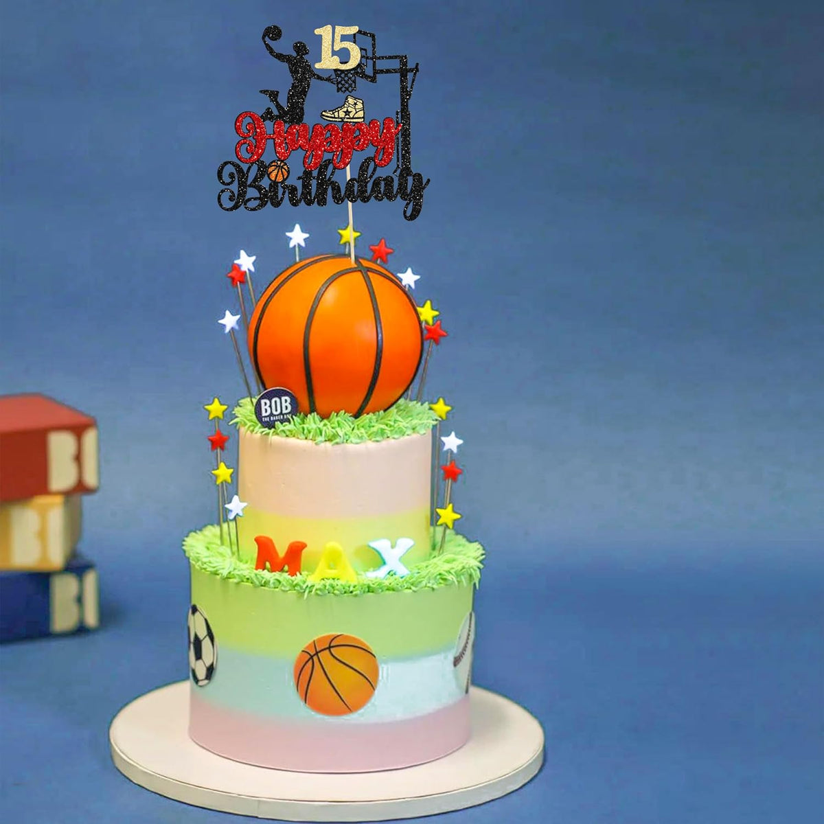 Ephlyn Basketball Happy 15th Birthday Cake Topper, 1Pc, Party Supplies for Birthday, Baby Shower
