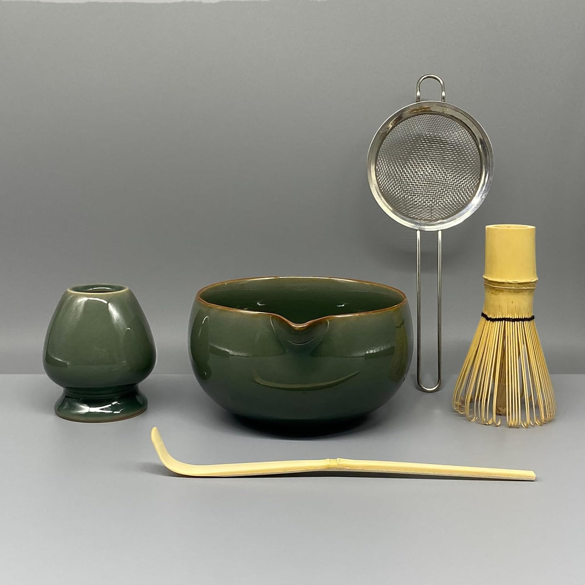 Matcha Whisk Set – 5 Pcs Matcha Set Whisk and Bowl with Spout, Bamboo Scoop, Sifter & Holder – Ru Kiln Matcha Bowl Japanese Tea Kit for Gifts, Home Use & Ceremonial Rituals (green)