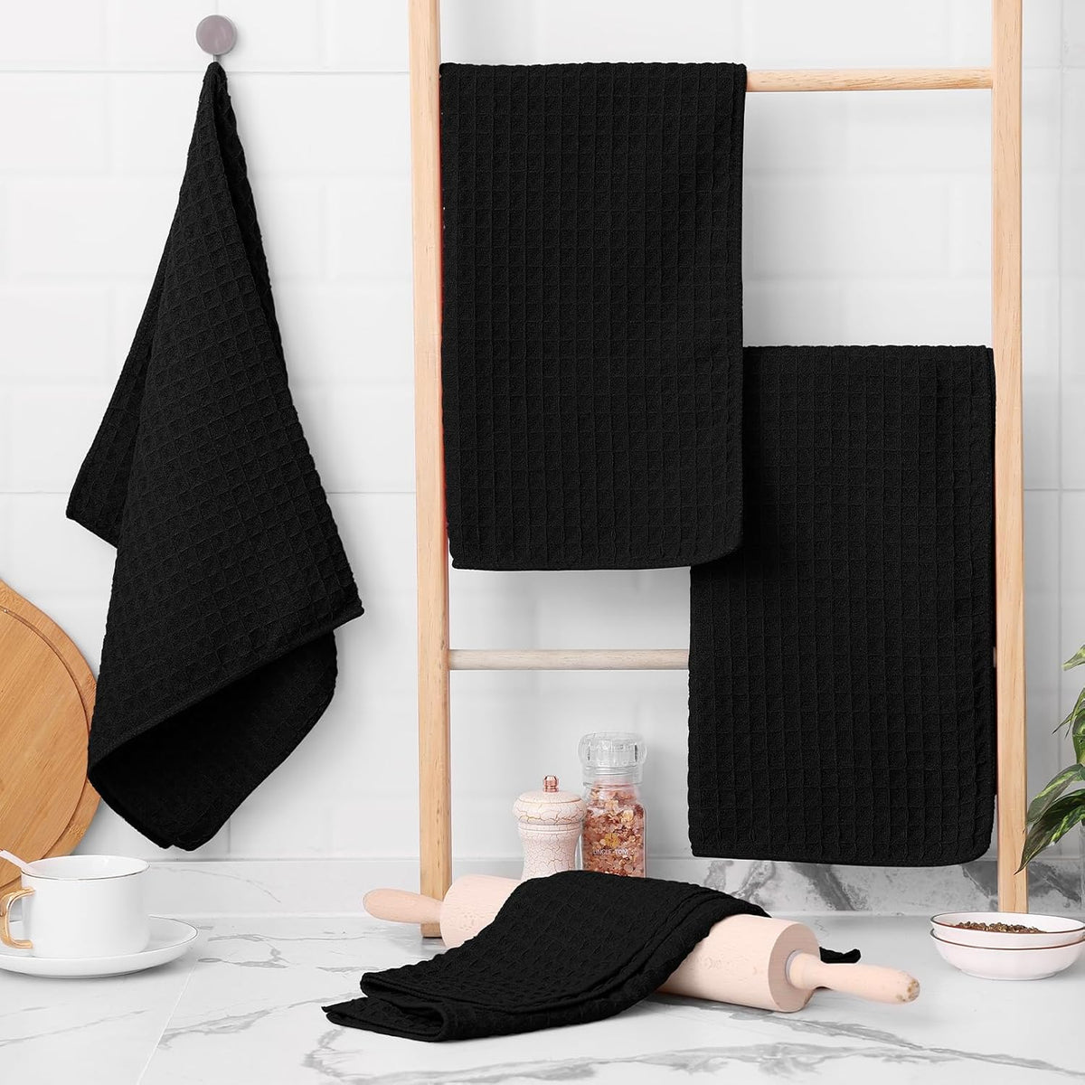 Homaxy Microfiber Waffle Weave Kitchen Towels, 16 x 28 Inch Ultra Absorbent and Solid Color Dish Towels, 6 Pack, Black