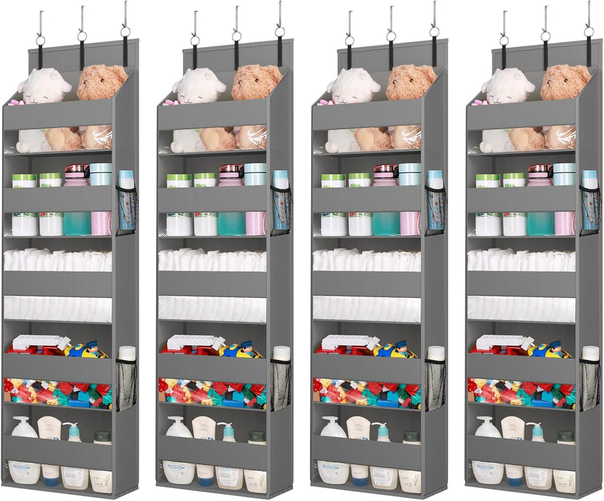 Lifewit 4 Packs Over the Door Organizer, 5 Shelf Clear Window Hanging Storage with 4 Mesh Side Pockets, Anti Tilt 40 lbs Load Behind Door for Pantry, Nursery, Bathroom, Bedroom, Kitchen, Dorm, Grey