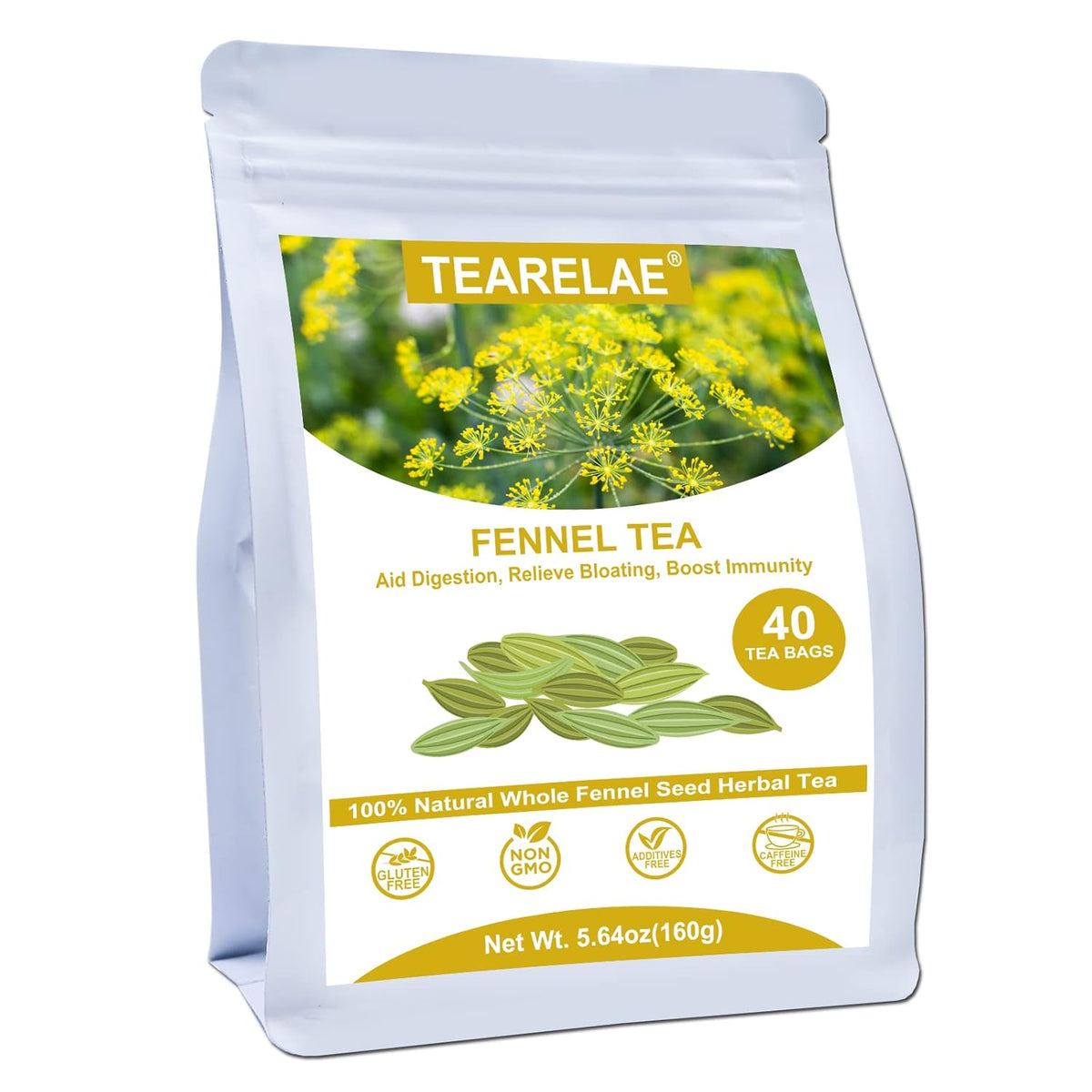 TEARELAE - Fennel Tea - 4g x 40 Count - Whole Fennel Seeds Herbal Tea Bags - Promotes Digestive Health - Non-GMO - Caffeine- Free