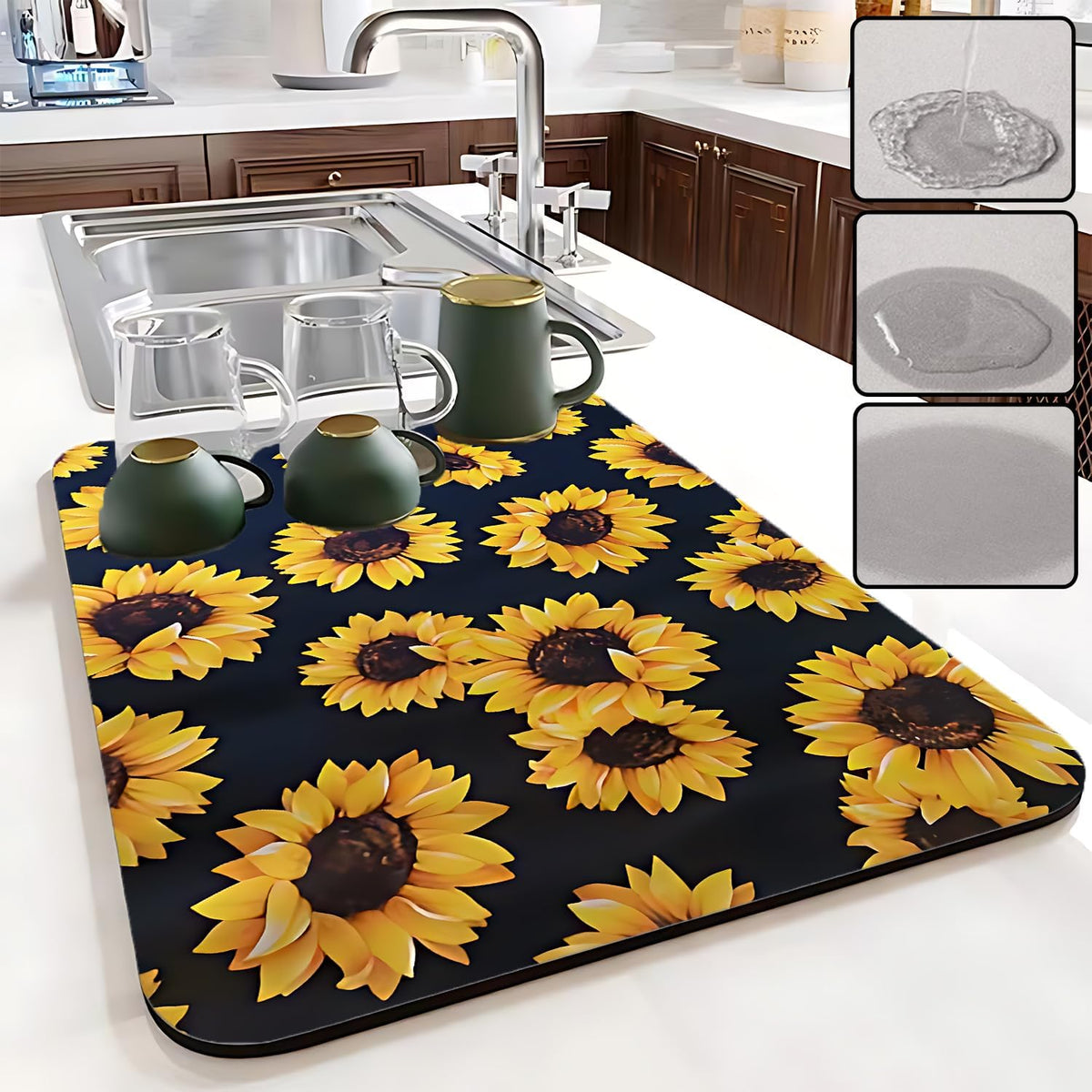 Dish Drying Mat Foldable Fall Kitchen Drying Mat Absorbent Sink Mat Multi-Purpose Coffee Pad Easy To Clean,Kitchen Gadgets,sunflower decor(sunflower) (16inches*18inches)