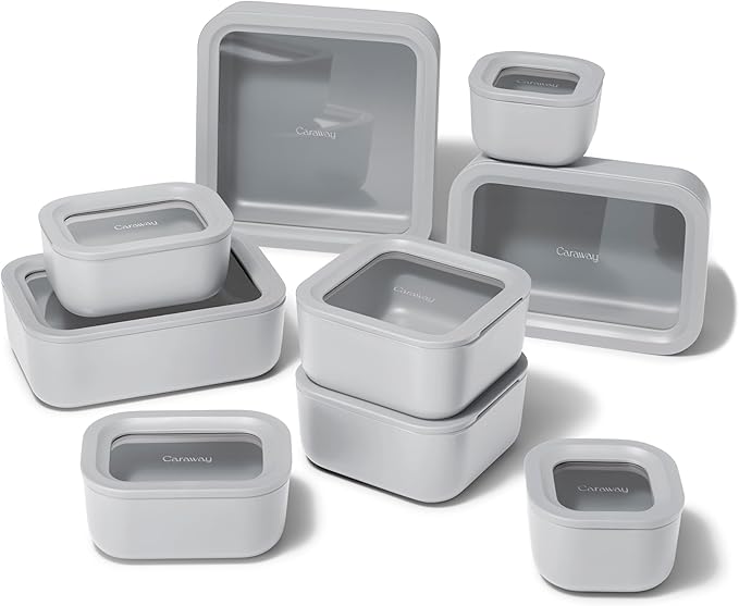 Caraway 25pc Glass Food Storage Set - Glass Storage Containers for Food - Non-Toxic Ceramic-Coated Glass - Air Release Technology - Compact & Stackable Design - Gray