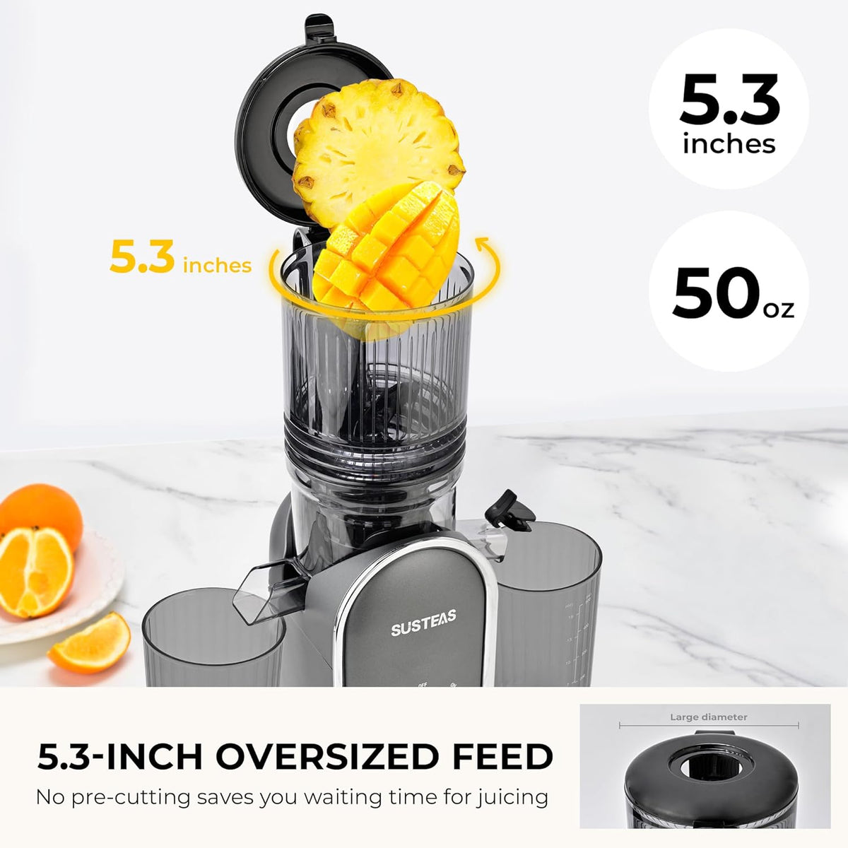 SUSTEAS Cold Press Juicer, 5.3" Feed Chute(50oz Capacity), 300 Watt Slow Masticating Juice Extractor for Whole Fruits and Vegetables, Automatic Feed, Easy to Clean, High Juice Yield,Silver gray