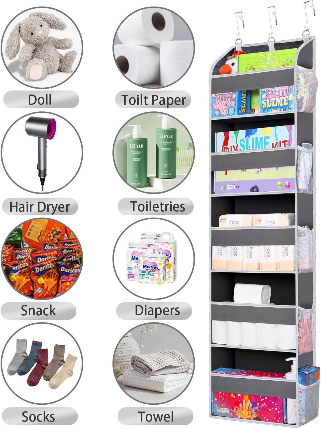 2 Pack Over The Door Storage Organizer with 5 Pockets 10 Mesh Side Pockets, 44 lbs Weight Capacity Door Hanging Organizers and Storage for Bedroom,Bathroom,Nursery,Pantry,Dorm(Dark Gray)