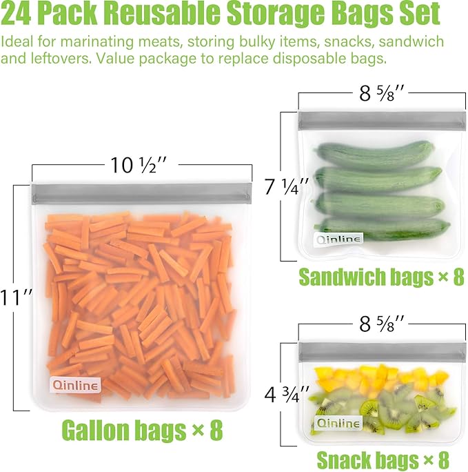 Reusable Food Storage Bags - 24 Pack Freezer Bag, Reusable Bags Silicone, Extra Thick Leakproof Lunch Bag