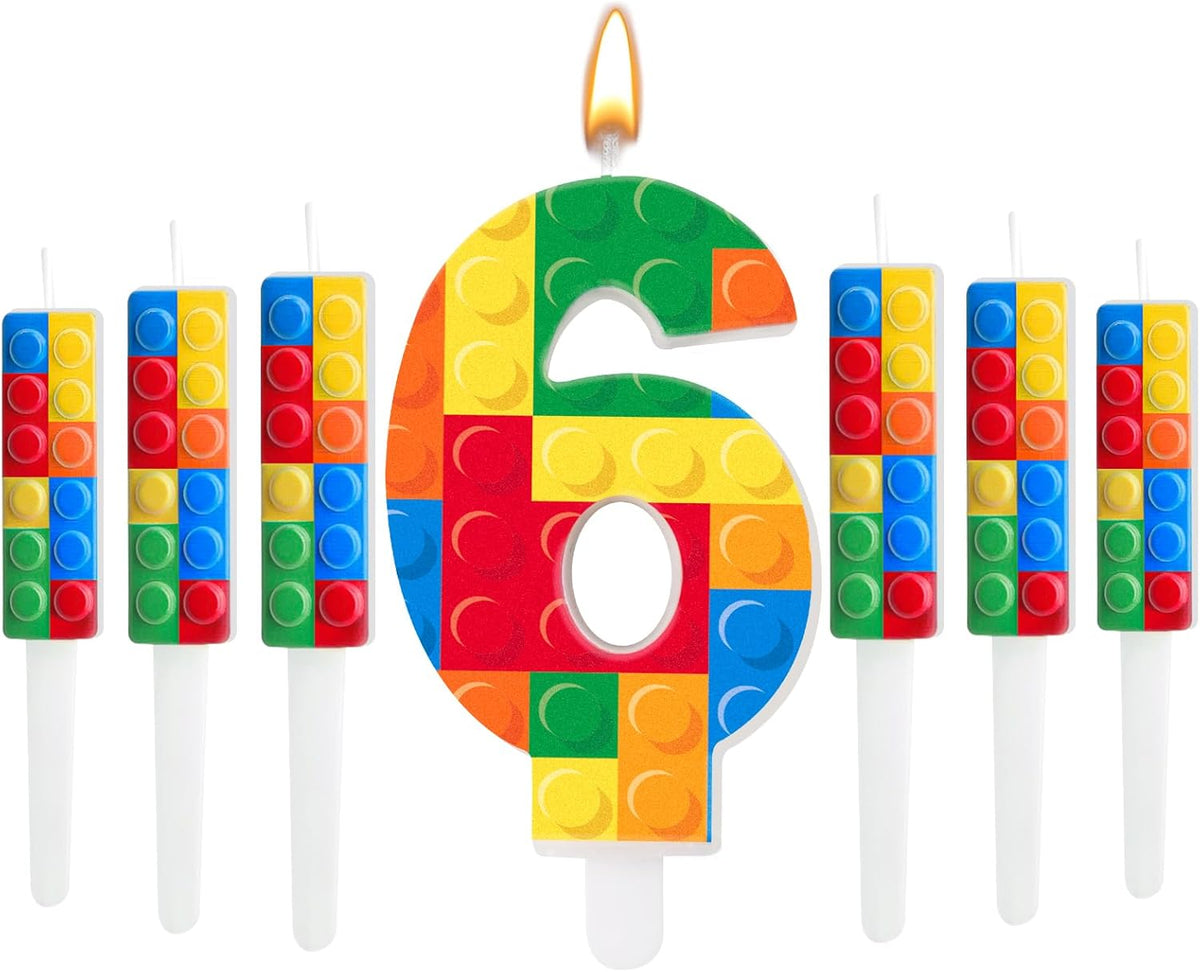 7 Pcs Building Block Themed Birthday Candles Set Building Blocks Number 6 Candle Cake Topper for Building Block Party Decoration Supplies (Number 6)