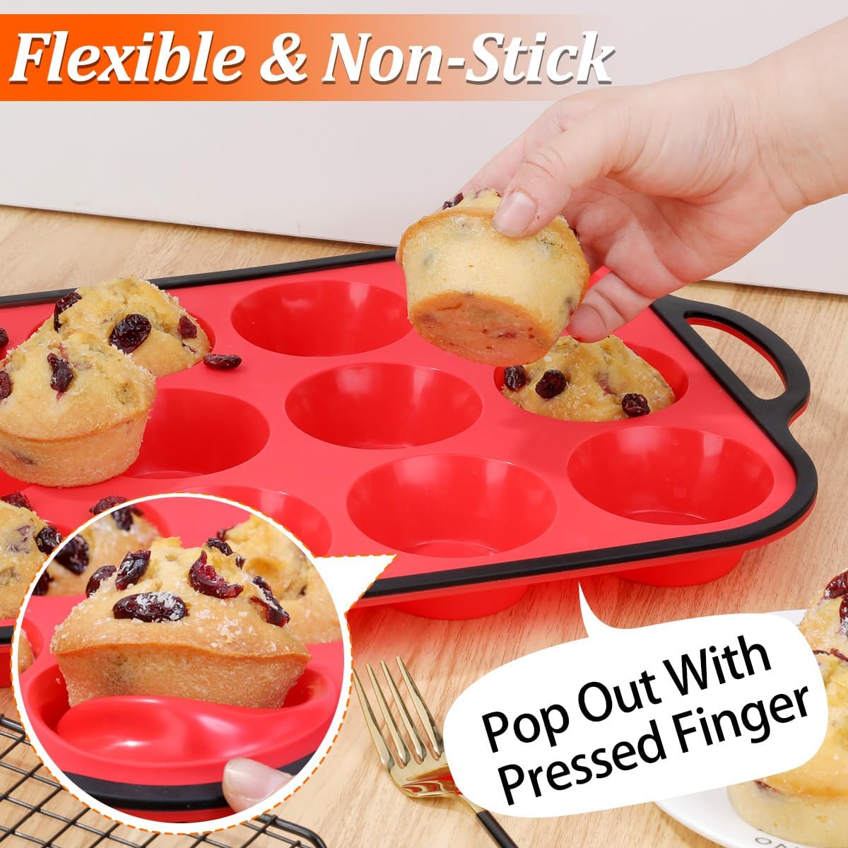 CAKETIME Silicone Muffin Pan with Metal Reinforced Frame Regular Size Muffin Pan with Handle Easy to Move 12 Cups for Baking Nonstick Muffin Tin BPA Free 1 Pack