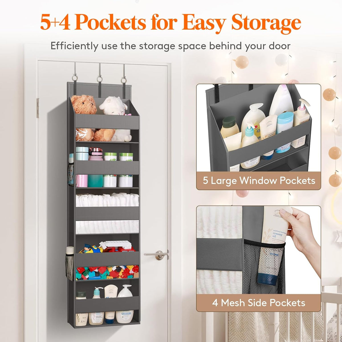 Lifewit 4 Packs Over the Door Organizer, 5 Shelf Clear Window Hanging Storage with 4 Mesh Side Pockets, Anti Tilt 40 lbs Load Behind Door for Pantry, Nursery, Bathroom, Bedroom, Kitchen, Dorm, Grey
