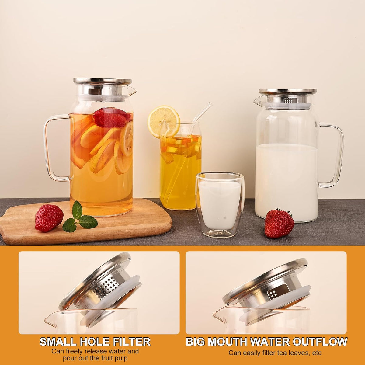 Set of 2 Glass Pitcher with Lid, 1200ml Leak Proof,Glass Water Jugs, BPA-Free,Microwave & Dishwasher Safe Pitcher,Sun & Iced Tea, Sangria,Cold Brew Coffee & More