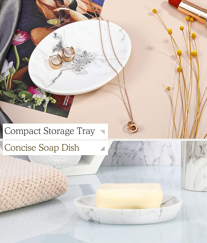 Luxspire Soap Dish, Resin Soap Tray Soap Holder Container Box, Marble Pattern Oval Soap Plate Case, Sponge Dish Scrubbers Tray Holder for Bathroom Vanity Shower Kitchen Sink Counter Top, Gravel White