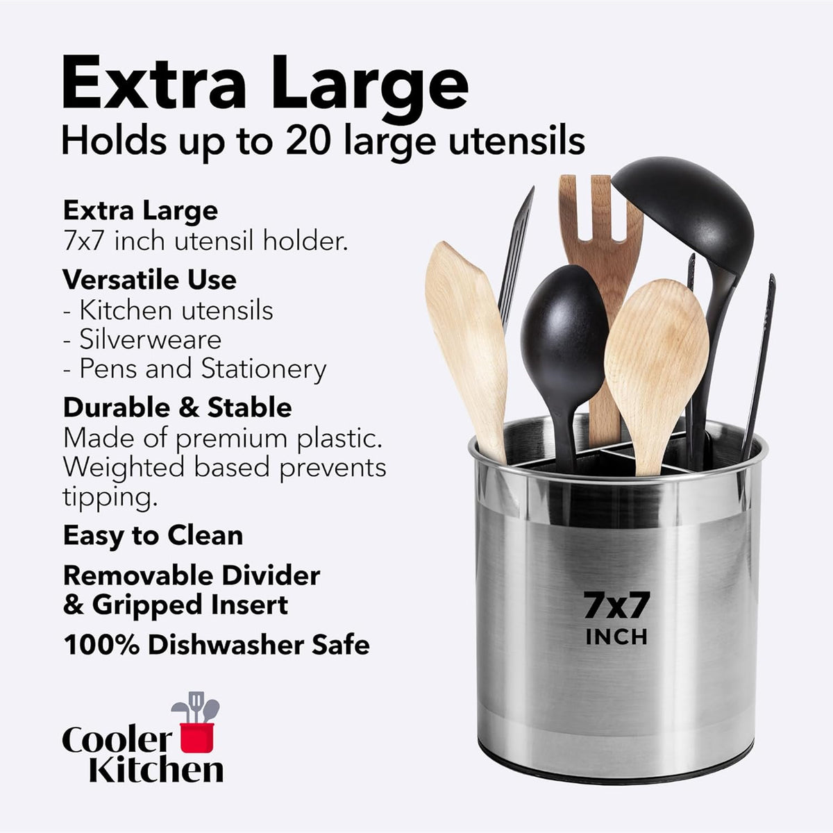 Cooler Kitchen Rotating Extra Large Stainless Steel Utensil Holder Caddy with Sturdy No-Tip Weighted Base, Removable Divider, and Gripped Insert Bottom -Dishwasher Safe Metal Cooking Utensil Holder…