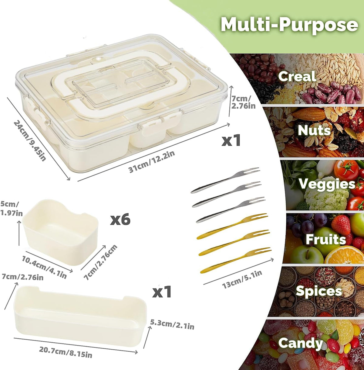 Divided Serving Tray with Lid and Handle, Snackle Box Container Portable Snack Platters with 7 Compartments & Forks, Ice Chilled Organizer for Fruits, Veggies, Salad, Perfect for Entertaining,Picnic