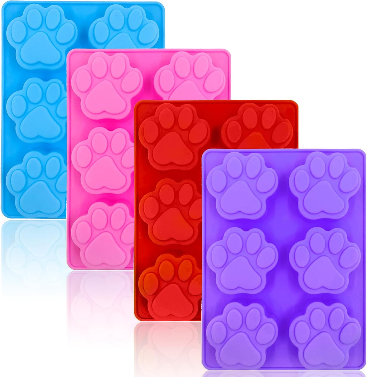 Puppy Dog Paw Silicone Molds,Non-Stick Food Grade Silicone Molds for Chocolate, Candy, Jelly, Ice Cube, Dog Treats Baking Mould(Set of 4PCS) (Blue Pink Purplish Red)