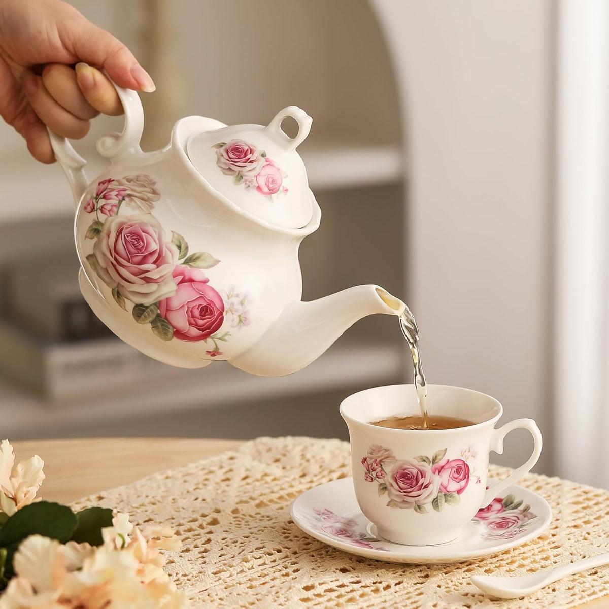 20-Pieces Tea Set For Adult with Golden Metal Rack,Porcelain Tea Sets For Women,Tea Gift Sets for Home&Party(016)