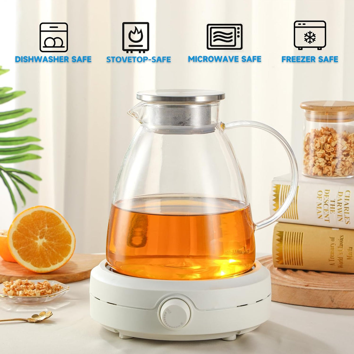 68OZ/2000ML One Touch Glass Teapot with Stainless Steel Filter Lid, Stovetop & Microwave Safe Tea Maker Water Kettle, Strainer & Cover 2 in 1 Loose Leaf Tea Steeper Pot Coffee Carafe