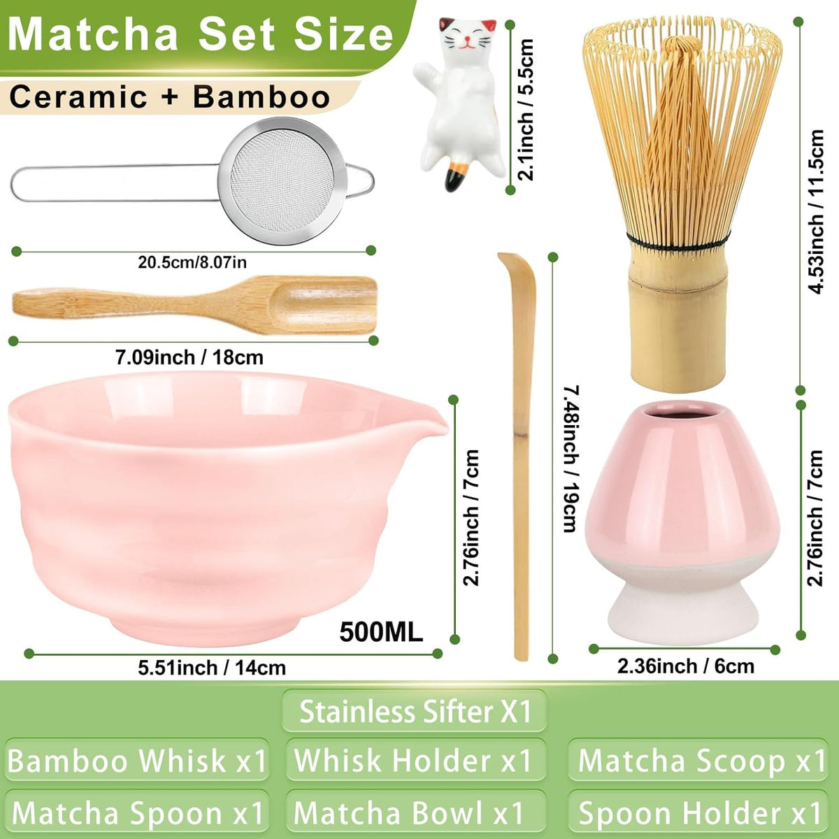 7 Pcs Matcha Whisk Set, Matcha Set with Ceramic Bowl, Whisk, Bamboo Spoon, Whisk Holder, Sifter, Scoop and Holder, Matcha Kit for Matcha Lover (Pink)