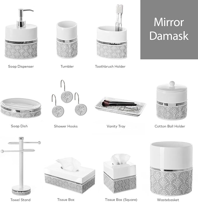 Creative Scents Mirror Damask Bathroom Cup - Electric Toothbrush and Toothpaste Holder for Bathroom, Gray & White Tooth Brush Holder Tumbler Cup for Toothbrushes, Toothpaste, Makeup Brushes or Rinsing