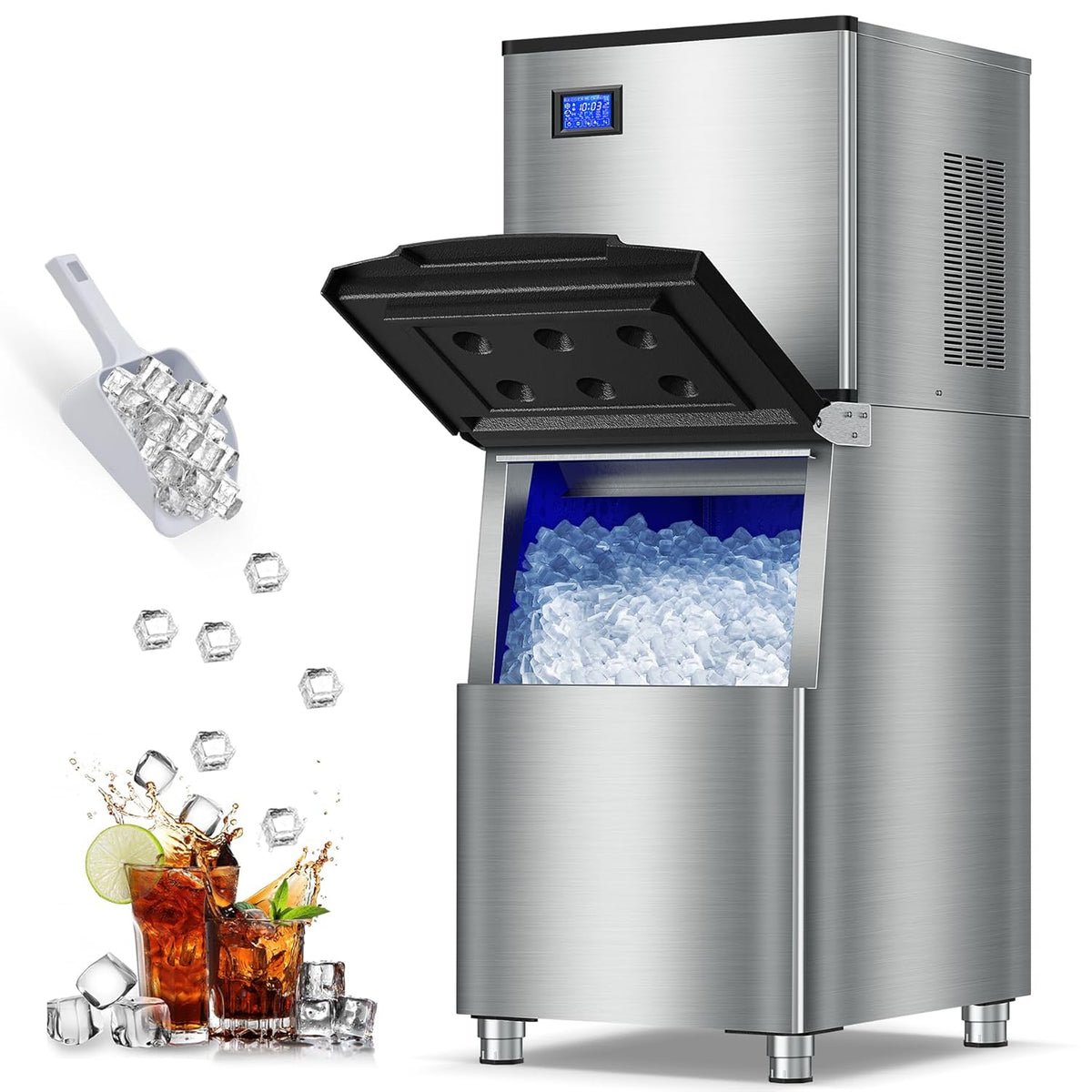 Commercial Ice Maker Machine 460LBS/24H 360LBS Ice Bin LCD Touch Screen Self Cleaning Function Freestanding Ice Maker 156 Counts Ice Ready in 5-10 min Clear Ice Cube for Cafe, Bar, Home