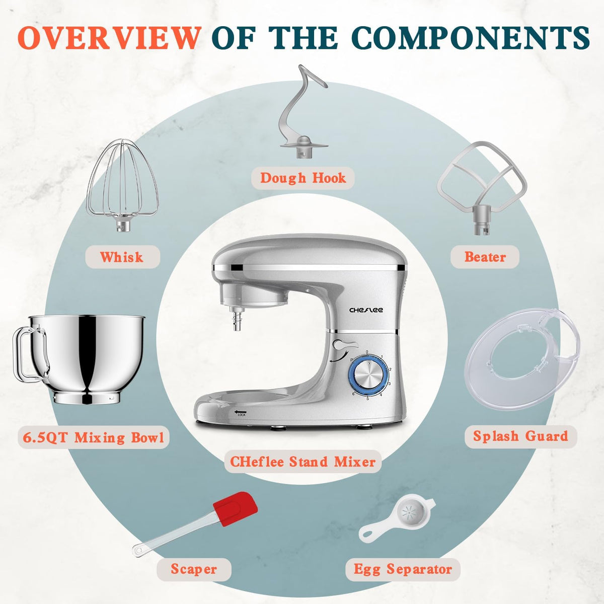 CHeflee Stand Mixer,600W 6+P With 6.5QT Stainless Steel Bowl,Dough Hook, Wire Whip & Beater,for Most Home Cooks,Silver