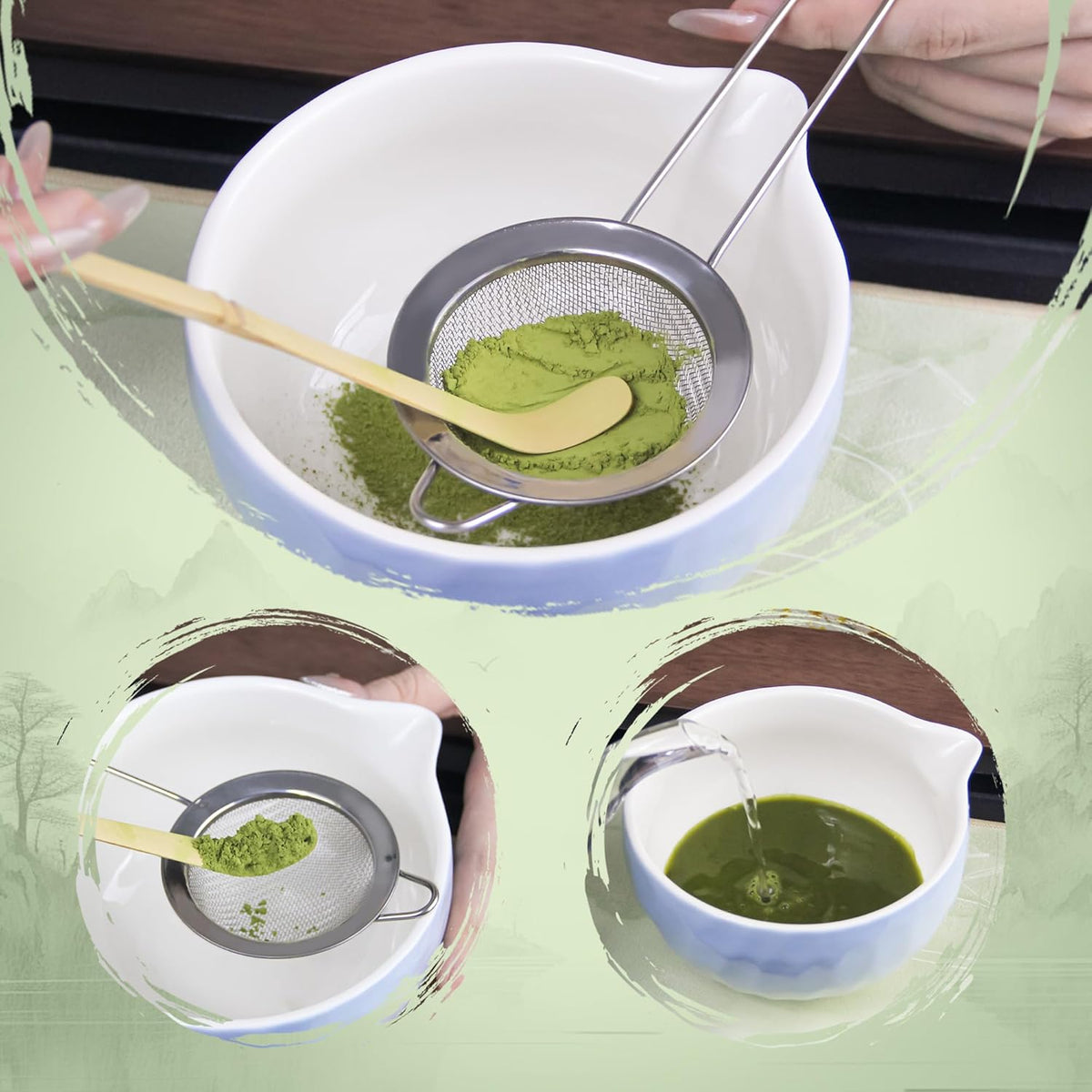 7-Pcs Matcha Whisk Set - Ceramic Matcha Set Includes Bowl,Whisk,Holder,Bamboo Scoop,Scoop Rest,Sifter & Tea Towel – Japanese Traditional Tea Kit for Beginners & Tea Lovers (Gradient Blue)