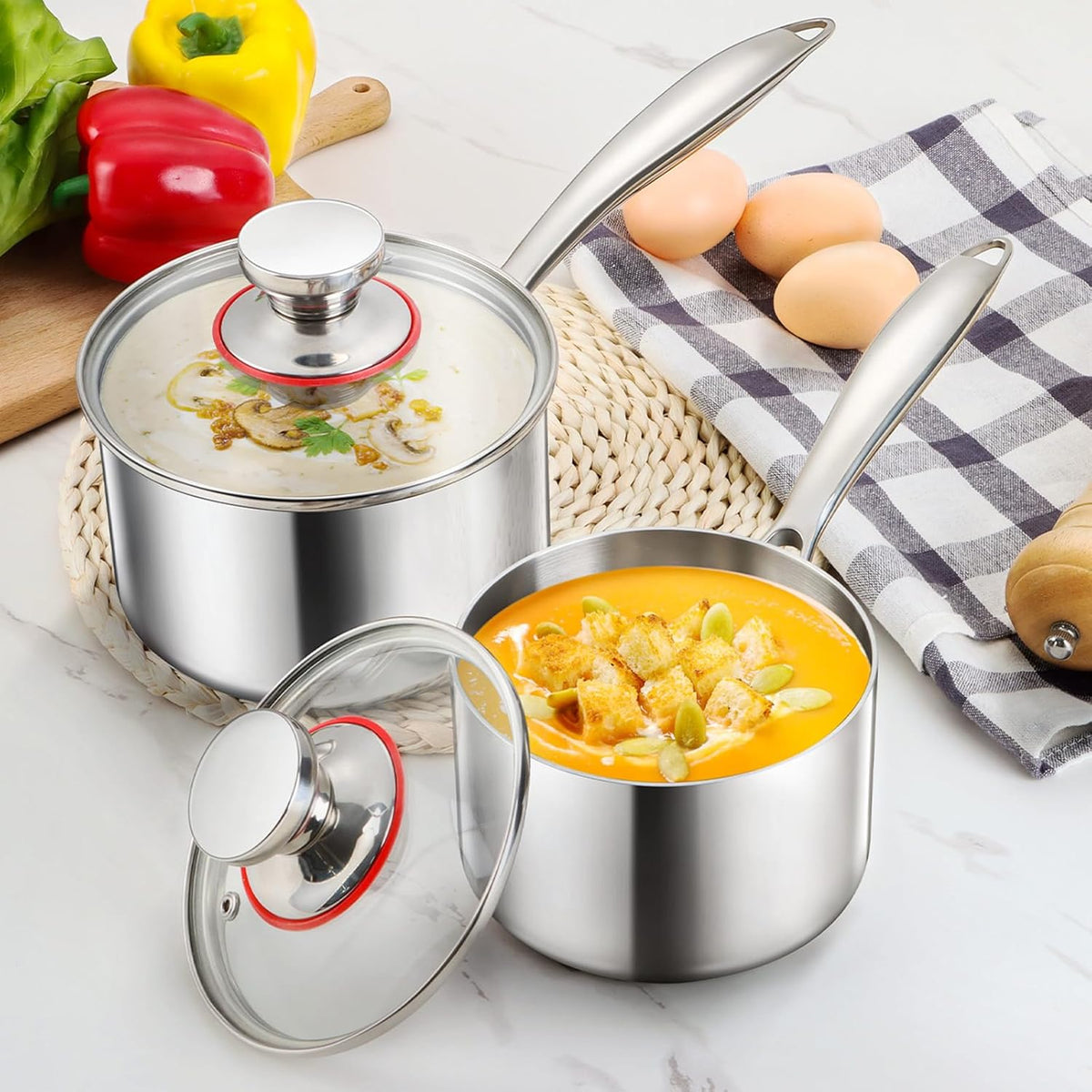 E-far Stainless Steel Saucepan Set - 1Qt & 2 Qt, Triply Sauce Pan Pot with Lid for Cooking Pasta Warming Milk Boiling Water, Small Metal Cookware for Kitchen, Induction Ready & Heavy Duty