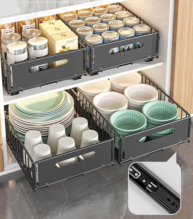 Pull Out Cabinet Organizer Slide Out Drawer Storage Shelves Cupboard Organiser Sliding Cabinet Basket for Kitchen No Drilling and Nailing (Black, 2Piece 9.8" W X15 D X 7.5" H)