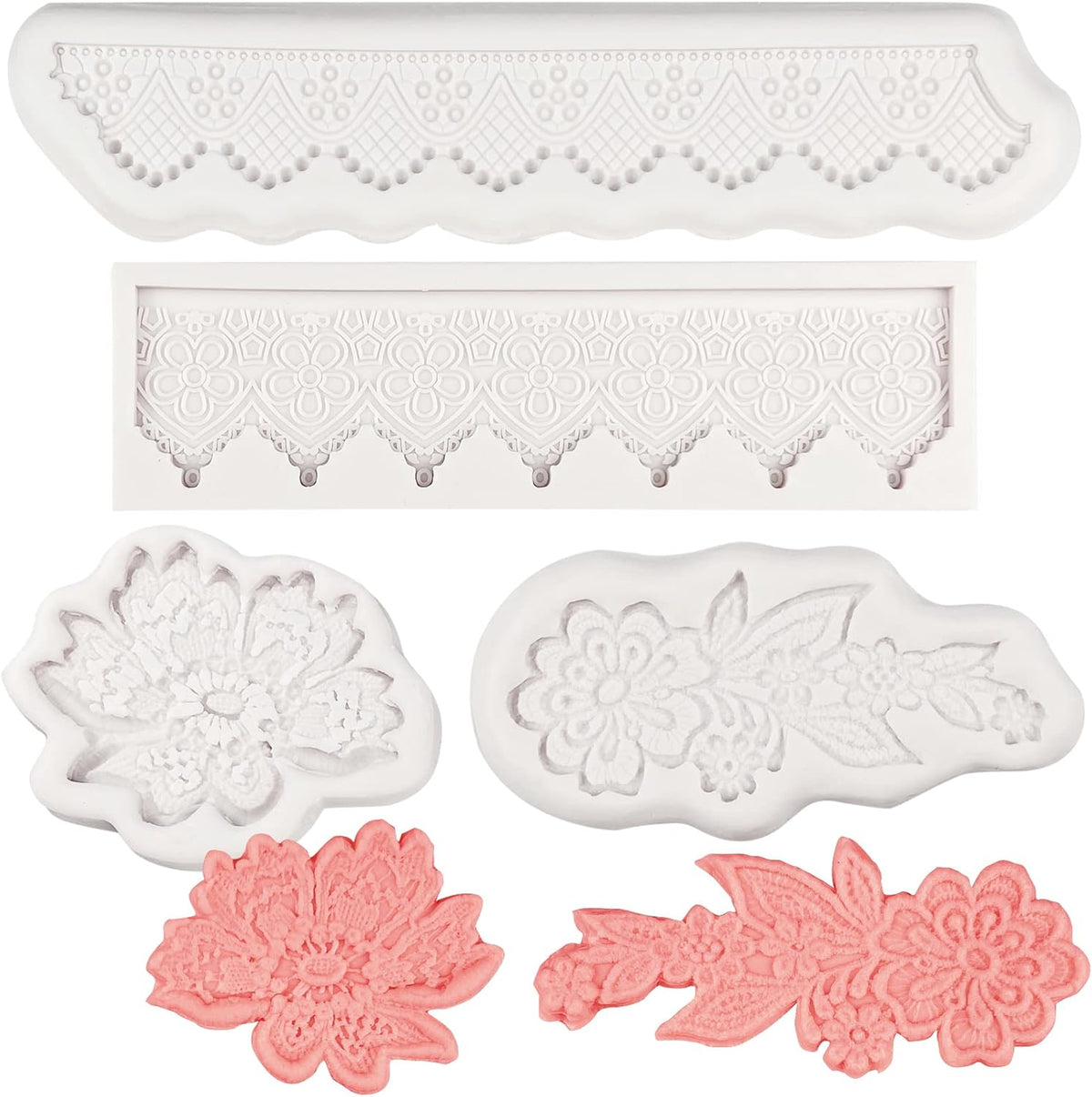 Lace Fondant Molds 4 Pcs, Peonies Embroidery Chocolate Cake Border Decorating Molds, Candy Sugar Craft Baking Tools, Cupcake Toppers Flower Paste Cookies Marzipan Mousse Butter Clay Epoxy