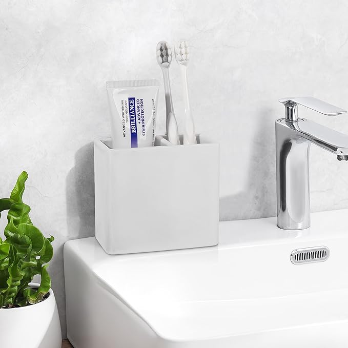 Diatomite Toothbrush Holder 2 Slots Tooth Brush Holder for Bathroom, Kids Electric Toothbrush and Toothpaste Organizer for Countertop, Shower, Vanity, Light Grey