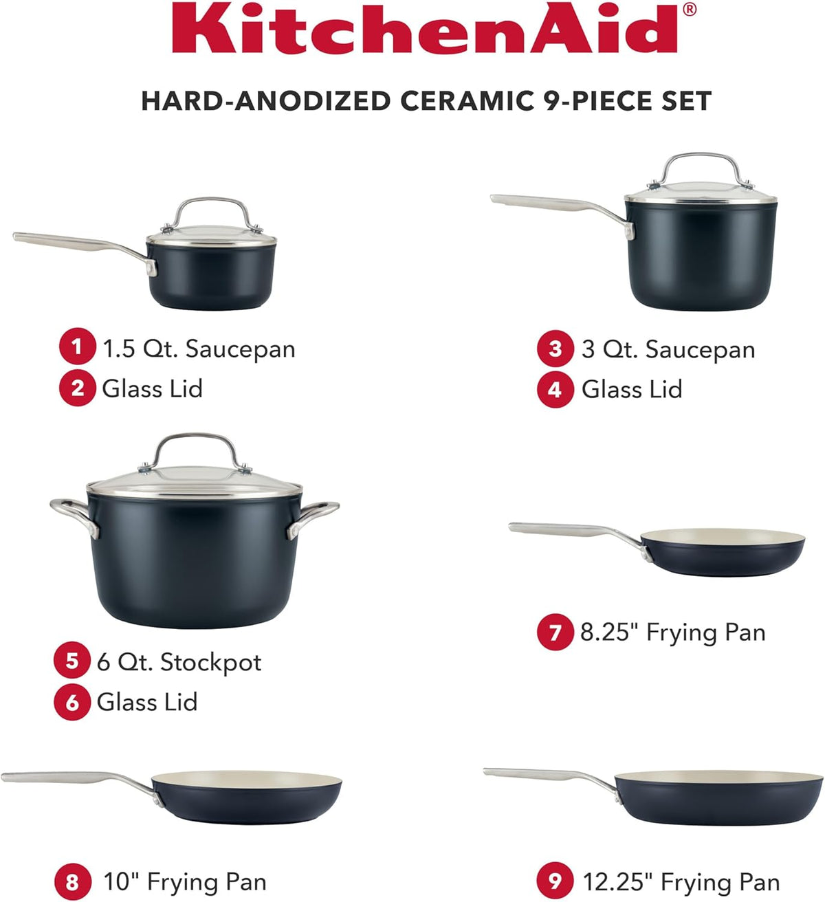 KitchenAid Hard Anodized Ceramic 9-Piece Nonstick Cookware Set – Includes Fry Pans, Saucepan, Stockpot, Durable, Even Heating, Oven Safe to 500°F, Matte Black