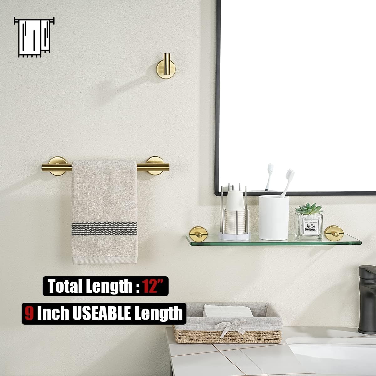 JQK Bathroom Towel Bar, Brushed Gold 12 Inch 304 Stainless Steel Thicken 0.8mm Towel Rack, Towel Holder Wall Mount, Useable Length 9 Inch TB110L9-BG